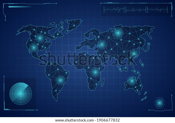 Techno world map. Digital continents with rays\
meredians and ocean grid futuristic global continents for travel\
vector future.