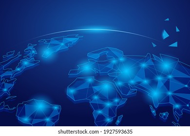 El planeta del mundo del Techno. Los continentes poligonales azules con rayos digitales y la red oceánica de los continentes futuristas para el futuro de los vectores de viaje.