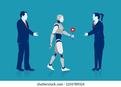 Technocracy. Vector business concept illustration. Robot ai cyborg giving flower choosing a business woman over man. Eps 10 Vector illustration, Minimalist white blue flat business style modern design