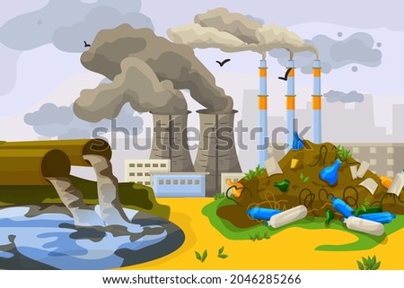 Technogenic catastrophe environmental contamination, waste disposal to dirty water lake flat vector illustration, banner nuclear garbage.