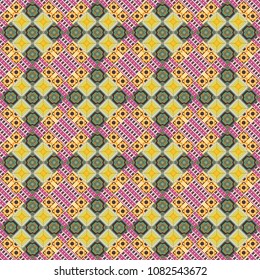 Technologic fabric tile card cover print badge. Background, texture with pop art effect. Geometric design template with brown, blue and yellow elements. Vector seamless pattern.