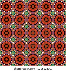 Technologic fabric tile card cover print badge. Background, texture with pop art effect. Vector seamless pattern. Geometric design template with orange, black and purple elements.