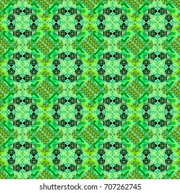 Technologic fabric tile card cover print badge. Geometric design template with green, blue and brown elements. Background, texture with pop art effect. Vector seamless pattern.