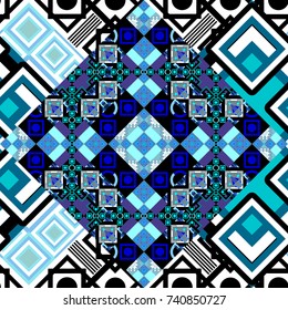 Technologic fabric tile card cover print badge. Background, texture with pop art effect. Geometric design template with white, black and blue elements. Vector seamless pattern.