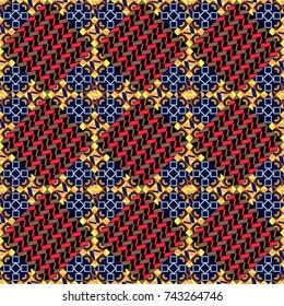 Technologic fabric tile card cover print badge. Geometric design template with black, blue and brown elements. Vector seamless pattern. Background, texture with pop art effect.