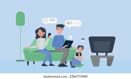 Technologic family vector in the living room. Addict family.