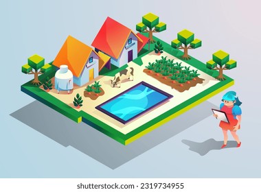 Technologic farm with a girl using a tablet