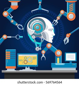 Technologic futuristic industry template with automatic robotic arms assembly cyborg head vector illustration