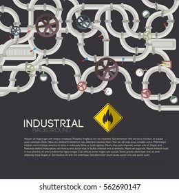 Technologic mechanism background with text metal gray pipes valves pressure meters wheels fittings selectors vector illustration