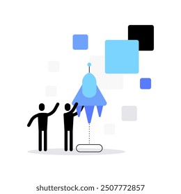 Technologic project launch. Startup concept. People launching a rocket. Flat illustration. Vector file.