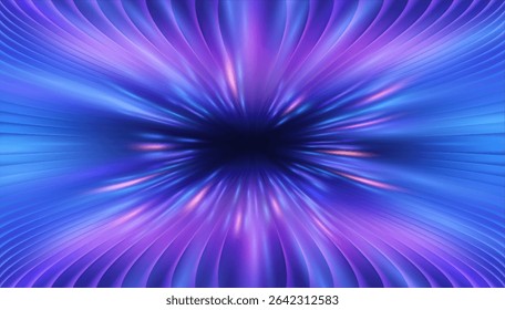 Fundo de túnel tecnológico com velocidade de néon e iluminação de jogo digital abstrata. Espaço 3d azul profundo para efeitos cibernéticos futuros e fluxo de dados de ar. Portal de deformação ciberpunk com movimento vr.