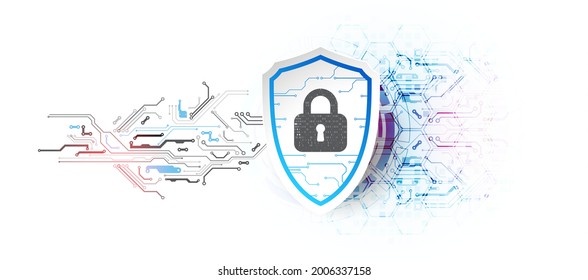 Technological abstract background on the topic of information protection and computer security. 
Shield with the image of a padlock in the middle.