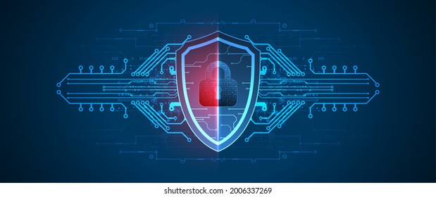 Technological abstract background on the topic of information protection and computer security. 
Shield with the image of a padlock in the middle.