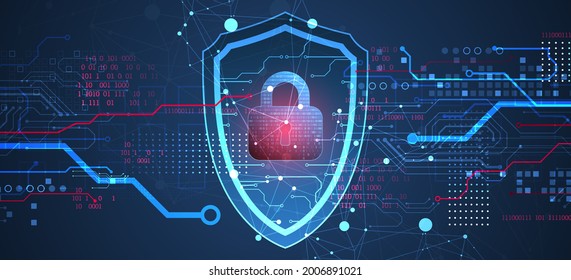 Technological abstract background on the topic of information protection and computer security. 
Shield with the image of a padlock in the middle.