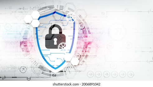 Technological abstract background on the topic of information protection and computer security. 
Shield with the image of a padlock in the middle.