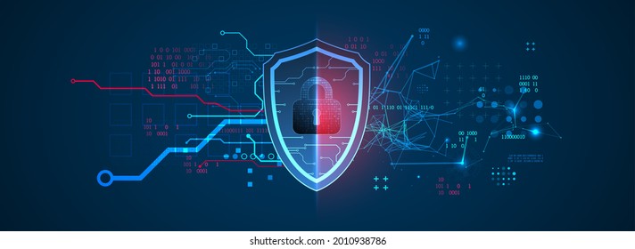 Technological abstract background on the topic of information protection and computer security. 
Shield with the image of a padlock in the middle.