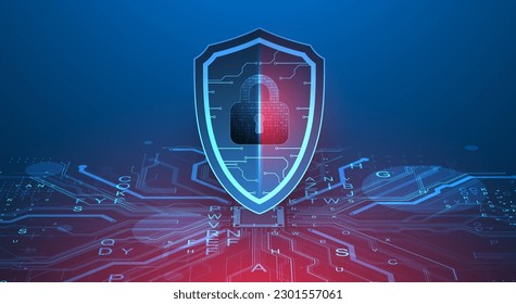 Technological abstract background on the topic of information protection and computer security. 
Shield with the image of a padlock in the middle.