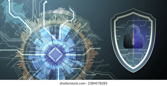 Technological abstract background on the topic of information protection and computer security. 
Shield with the image of a padlock in the middle. Handmade vector.