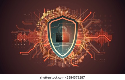 Technological abstract background on the topic of information protection and computer security. 
Shield with the image of a padlock in the middle. Handmade vector.