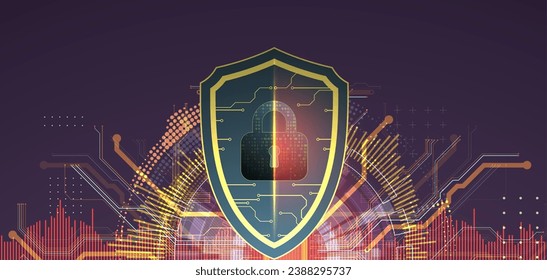 Technological abstract background on the topic of information protection and computer security. 
Shield with the image of a padlock in the middle. Handmade vector.