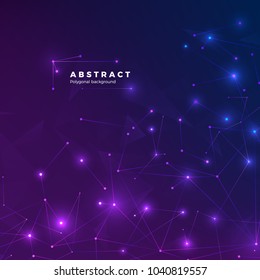 Technological abstract background. Particles, dots and connected by lines. Low polygonal texture. Innovation and tech concept. Vector illustration blue and purple backdrop