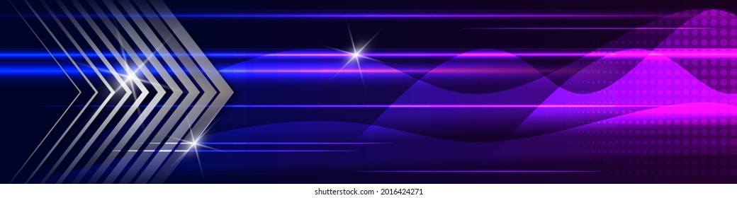 technological abstract banner in neon colors. curved metal stripes in laser beams against a background of overlapping neon wavy shapes, glare, glow. vector 