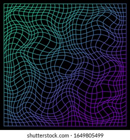 Technological abstract futuristic background in the colors 80s and 90s. Distorted mesh in neon disco colors. 3D Wallpaper. printable vector illustration