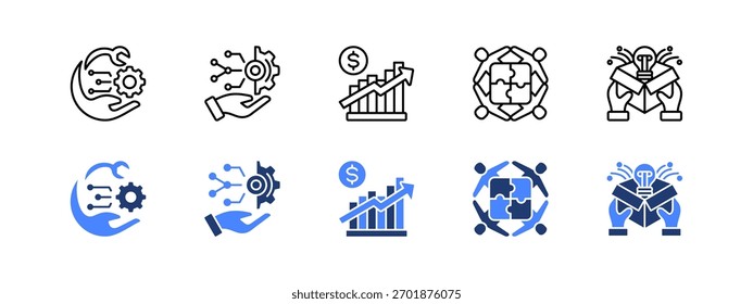Avanço tecnológico, Transformação digital, Crescimento do mercado, Parcerias, Inovação de produtos com dois estilos, linha e ícone duotônico.