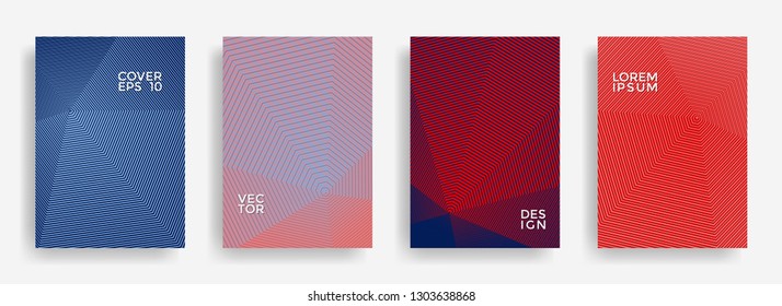Technological annual report design vector collection. Halftone stripes texture cover page layout templates set. Report covers geometric design, business brochure pages corporate banners.