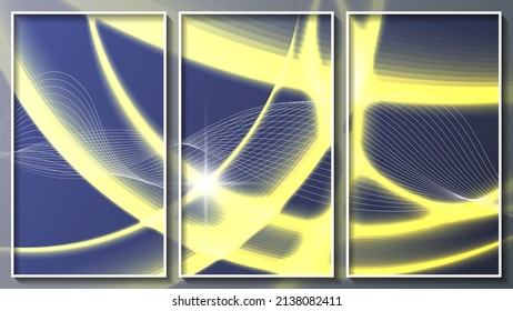 Tríptico de arte tecnológico en tonos azules y amarillos. Rayos suaves de energía en un fondo azul. Tres imágenes en marcos finos blancos. Vector. 