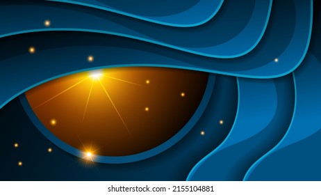 Technological background with 3D effect in blue-orange tones. Orange glowing sphere, lights, overlapping smooth shapes with a stroke. Vector.
