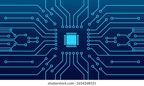 Technological background of circuits on a blue background, centralized microchip, circuit board with connected lines and dots on an abstract digital motherboard
