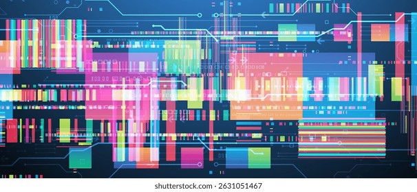 Technological background with colorful squares glowing on a blue gradient. Vector.