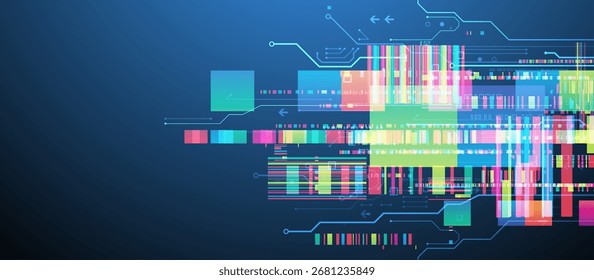 Fundo tecnológico com quadrados coloridos brilhando em um gradiente azul. Vetor.