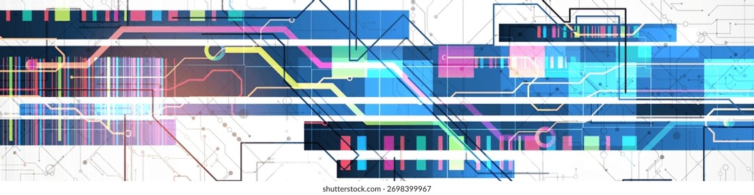Technological background with colorful squares glowing on a blue gradient. Vector.