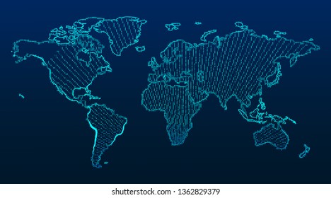 Technological background, continents from binary code. can be used in the description of technological processes, science, education. Can be used as digital dynamic wallpaper. 3d rendering