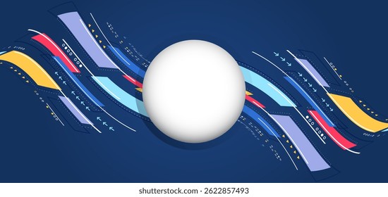 Technological background with dynamic smooth lines, colorful geometric shapes and arrows in different directions. Abstraction of data transfer, network connection and advanced digital technologies.