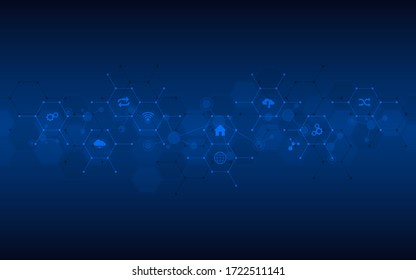 Technological background with flat icons and symbols. Concept and idea for the internet of things, communication, network, innovation technology, system integration. Vector illustration