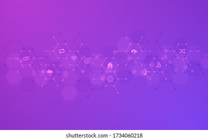 Technological background with flat icons and symbols. Concept and idea for the internet of things, communication, network, innovation technology, system integration. Vector illustration