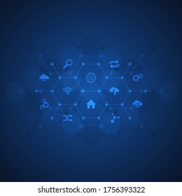 Technological background with flat icons and symbols. Concept and idea for the internet of things, communication, network, innovation technology, system integration. Vector illustration