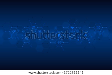 Technological background with flat icons and symbols. Concept and idea for the internet of things, communication, network, innovation technology, system integration. Vector illustration