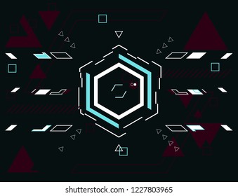 Technological background with geometric figures (based on hexagon). User screen with target lock simulation in aim in cyberpunk style.  Abstract  vector illustration.Hud futuristic user interface