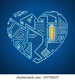 technological background, the heart of the wires on a blue background, illuminated circuitry pattern in the form of heart with battery