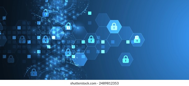 Technological background with isometric ornament. Digital security, information protection. Lock icons in the middle of the hexagon.