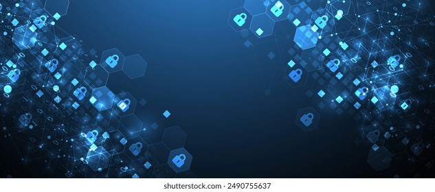 Technological background with isometric ornament. Digital security, information protection. Lock icons in the middle of the hexagon.