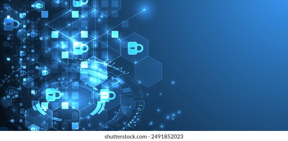 Technological background with isometric ornament. Digital security, information protection. Lock icons in the middle of the hexagon.