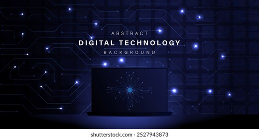 Histórico tecnológico com um laptop. comunicação tecnológica empresarial. Conexão digital de alta tecnologia. alta tecnologia. ciência. tecnologia moderna conceito de negócios. fundo futurista