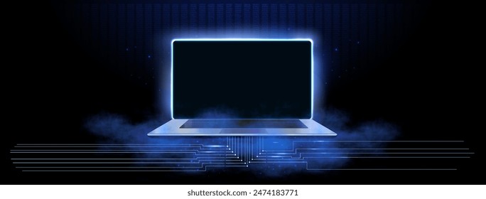 Technological background with a laptop. Vector illustration Metallic Laptop Mock-Up on stand and blue light placed