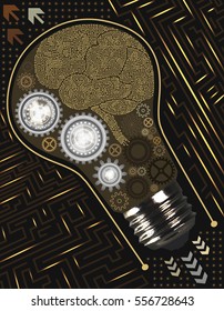 Technological background with light bulb, gears and microchip of brown, black, gray and white shades. Human brain circuit board