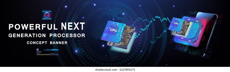 Technological background with powerful processor. New generation processor with large number cores. New generation chipset. Digital chip for computer. Digital computer technologies and communications